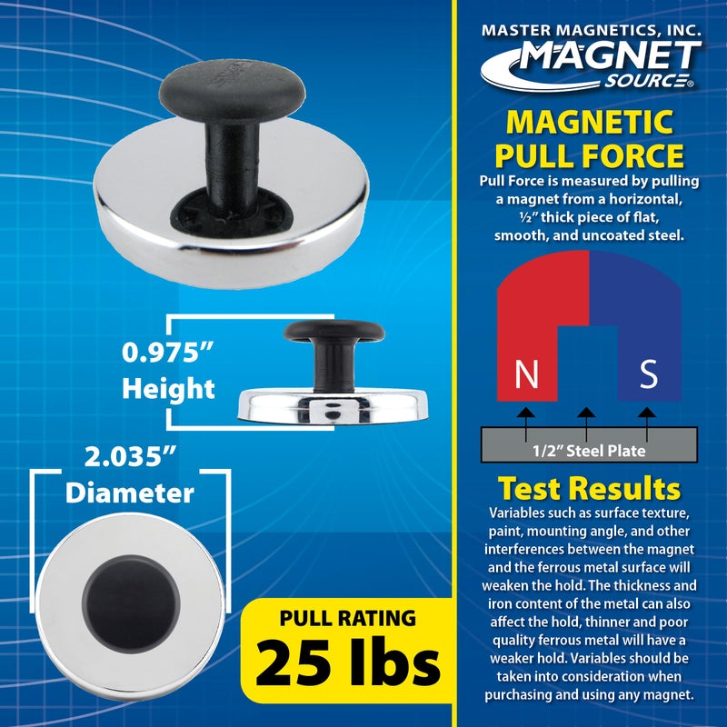 Master Magnetics مغناطيسات قاعدة دائرية من ماستر ماغنيتيكس مع مقبض - 2.04" قطر، 0.98" ارتفاع كلي مع مقبض بقطر 1"، قوة سحب 25 رطل، كروم، عبوة من 3، HMKR-50X3 - Image 3